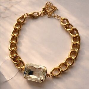 Gold Tone Chunky Chain Bracelet with Emerald Cut Crystal Statement Piece